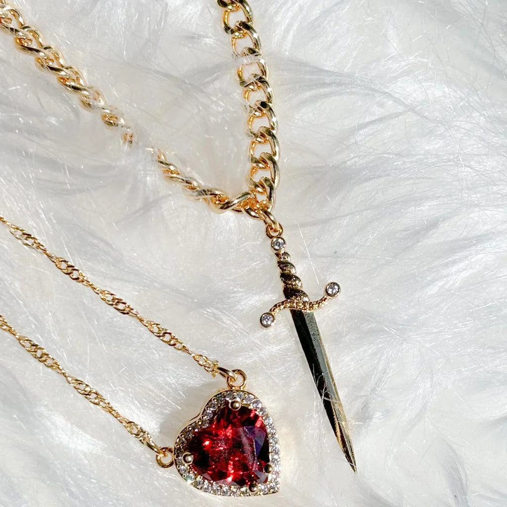 2pcs Heart and Sword Zircon Pendant Necklace for Couples Silver Gold Plated Choker