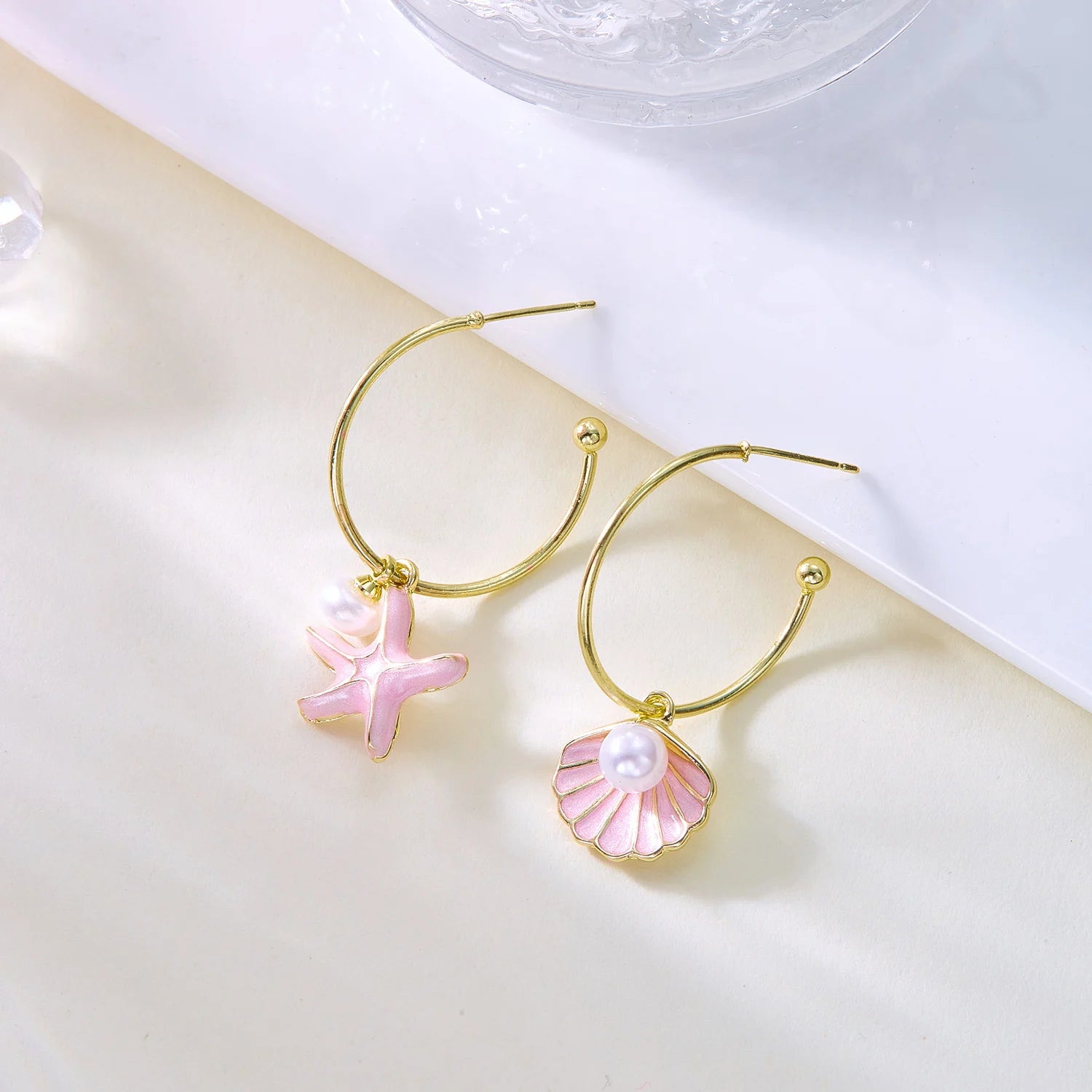 CowLost | ocean-series-conch-starfish-dangle-earrings-for-women-summer-beach-asymmetrical-metal-enamel-earring-girls-party-jewelry-gift |6