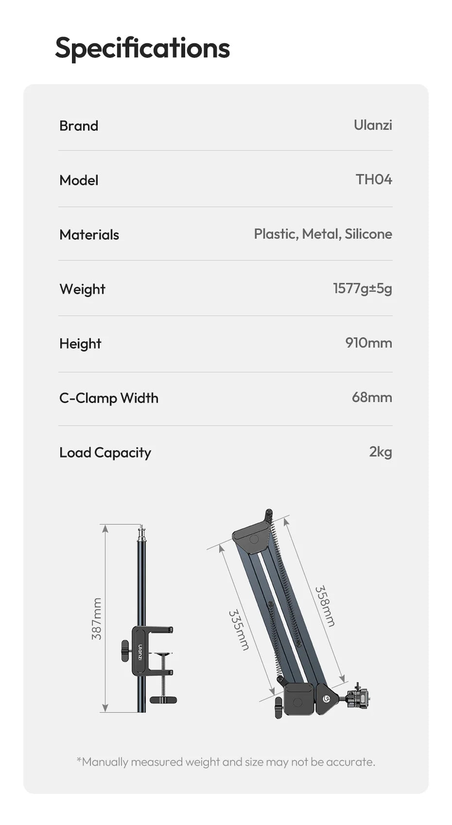CowLost | ulanzi-th04-overhead-camera-mount-microphone-stand-detachable-c-clamp-2kg-load |20