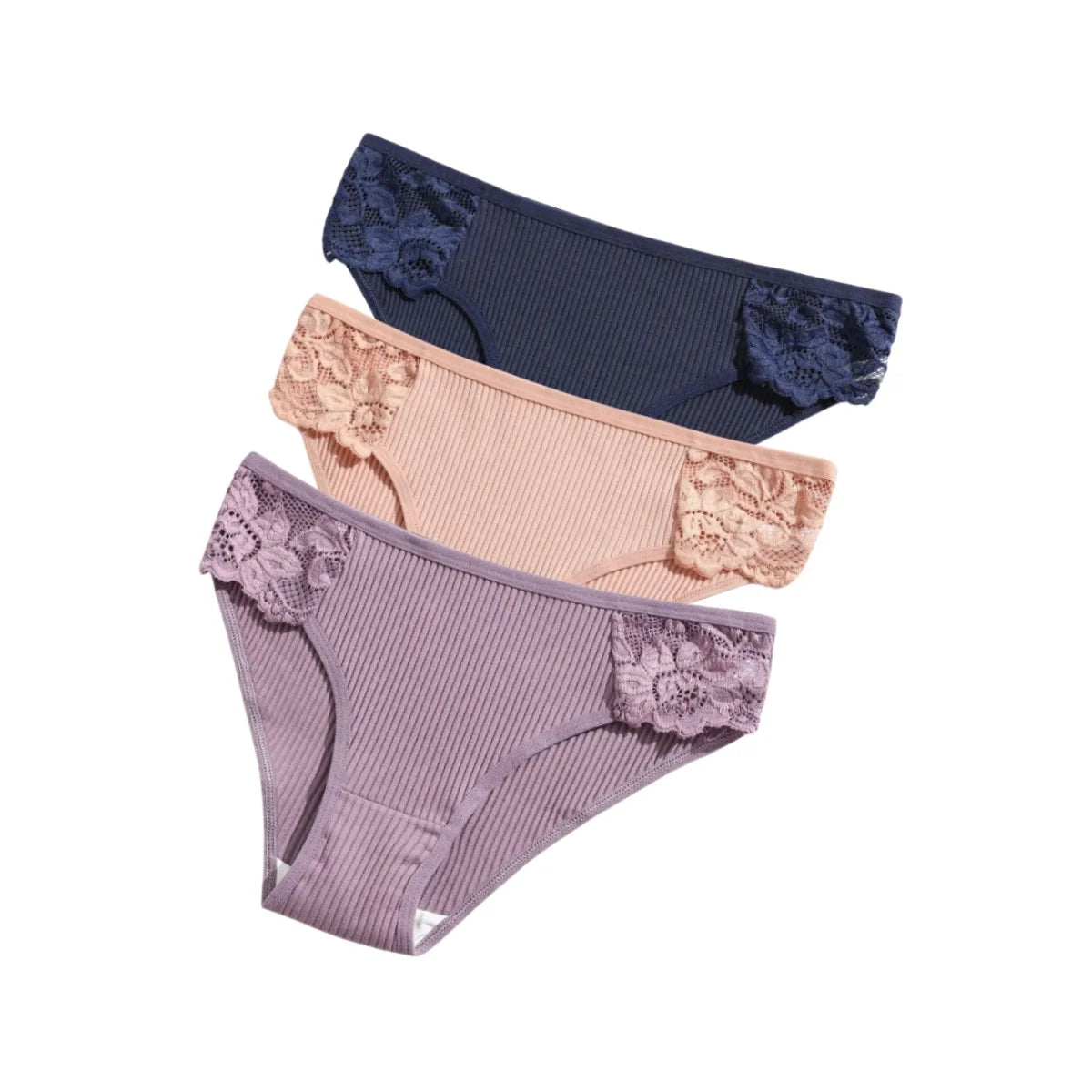 CowLost | product_id-3pcs-womens-cotton-lace-trim-low-rise-breathable-briefs-solid-panties |20