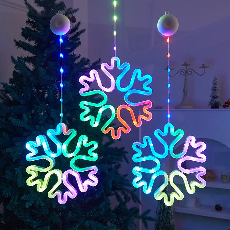 Warm Multi-Color Christmas Snowflake LED Window Lights, 8/12 Modes, Battery Powered Neon Hanging Lamp
