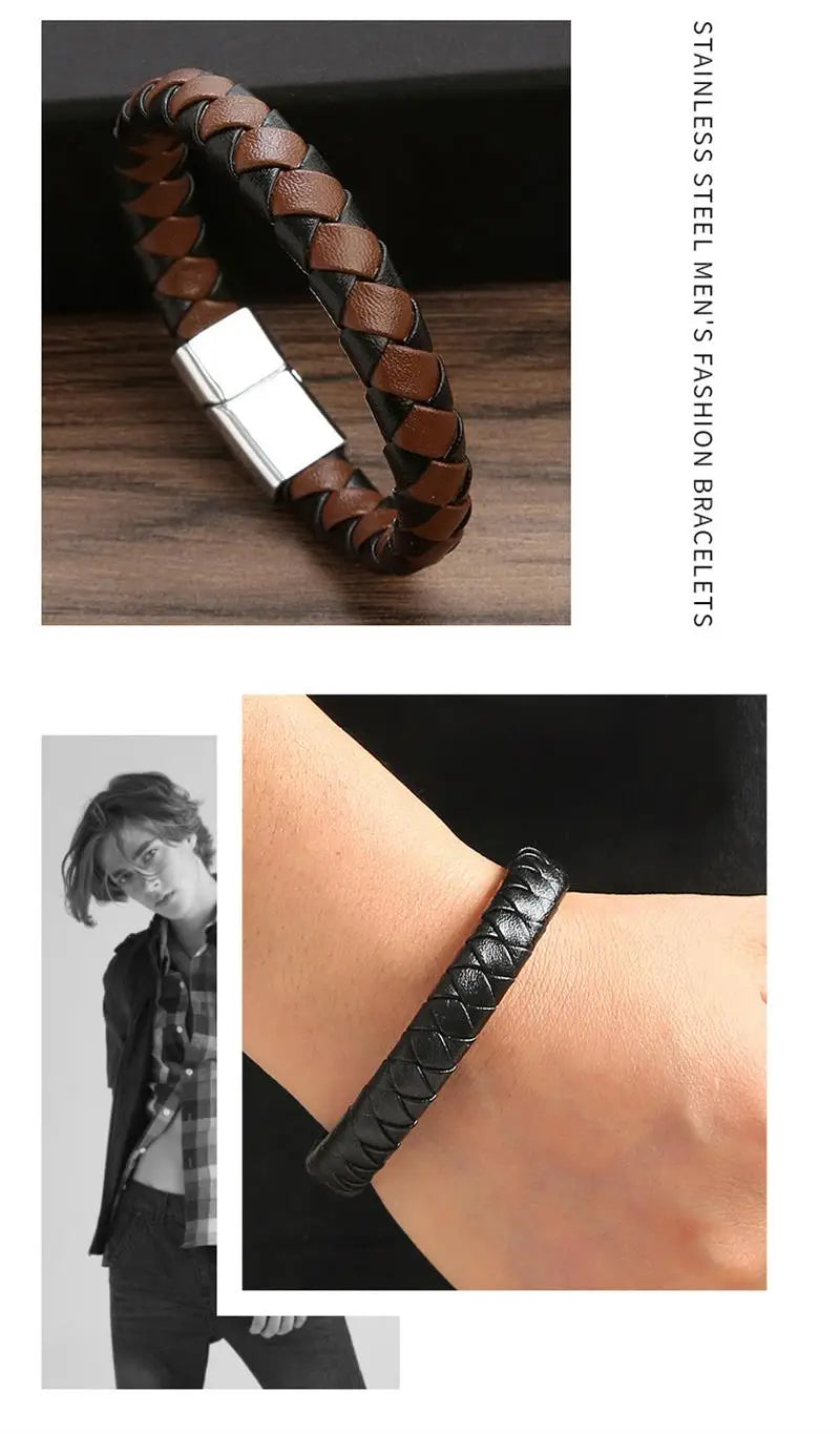 CowLost | badge-pass-holders-classic-mens-braided-leather-bracelet-with-magnetic-clasp |24