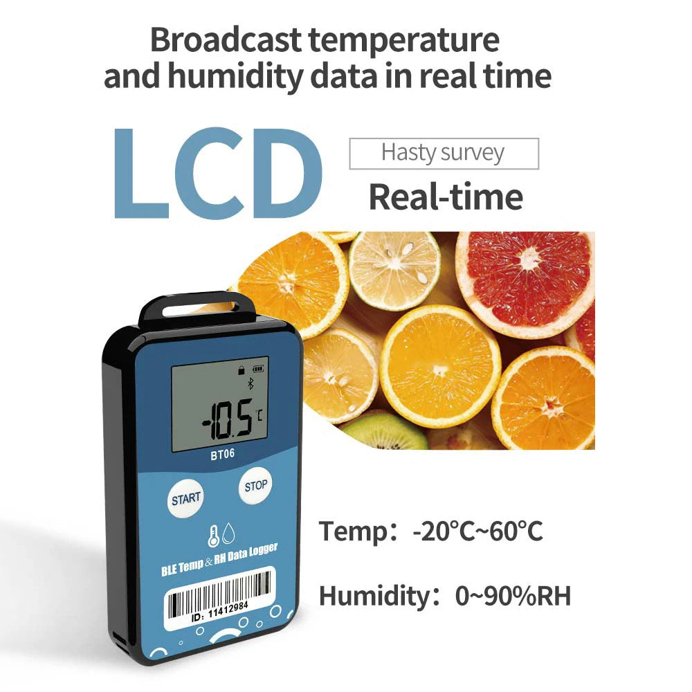 Bluetooth Temperature & Humidity Data Logger with LCD, Wireless Long-Range PDF Report Recorder for Delivery