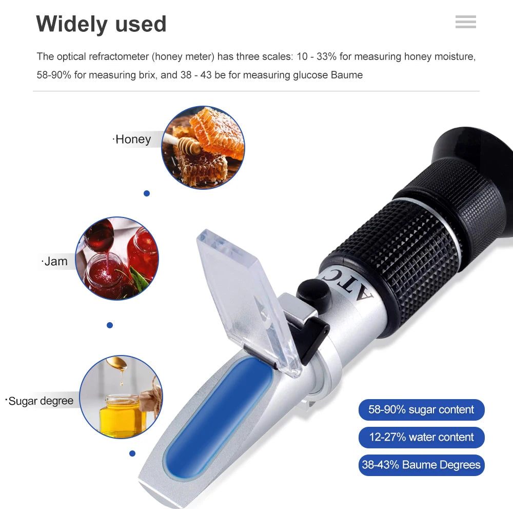3-in-1 Portable Honey Tester Refractometer 58-90% Brix 38-43°Baume 12-27% Water Sugar Meter for Beekeepers