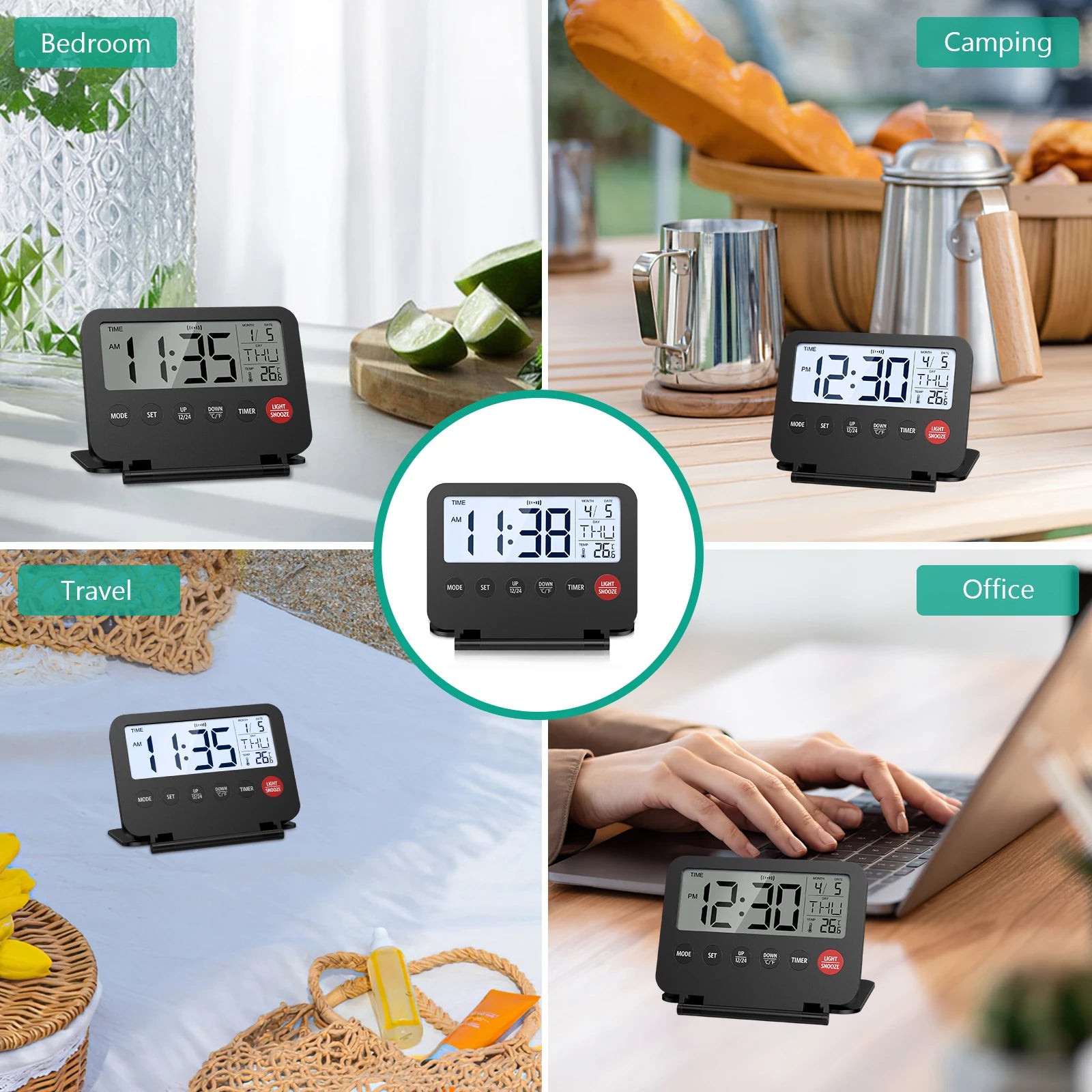 ORIA Digital Foldable LCD Alarm Clock with Calendar, Temperature, Timer – Battery Operated for Travel, Home, Office
