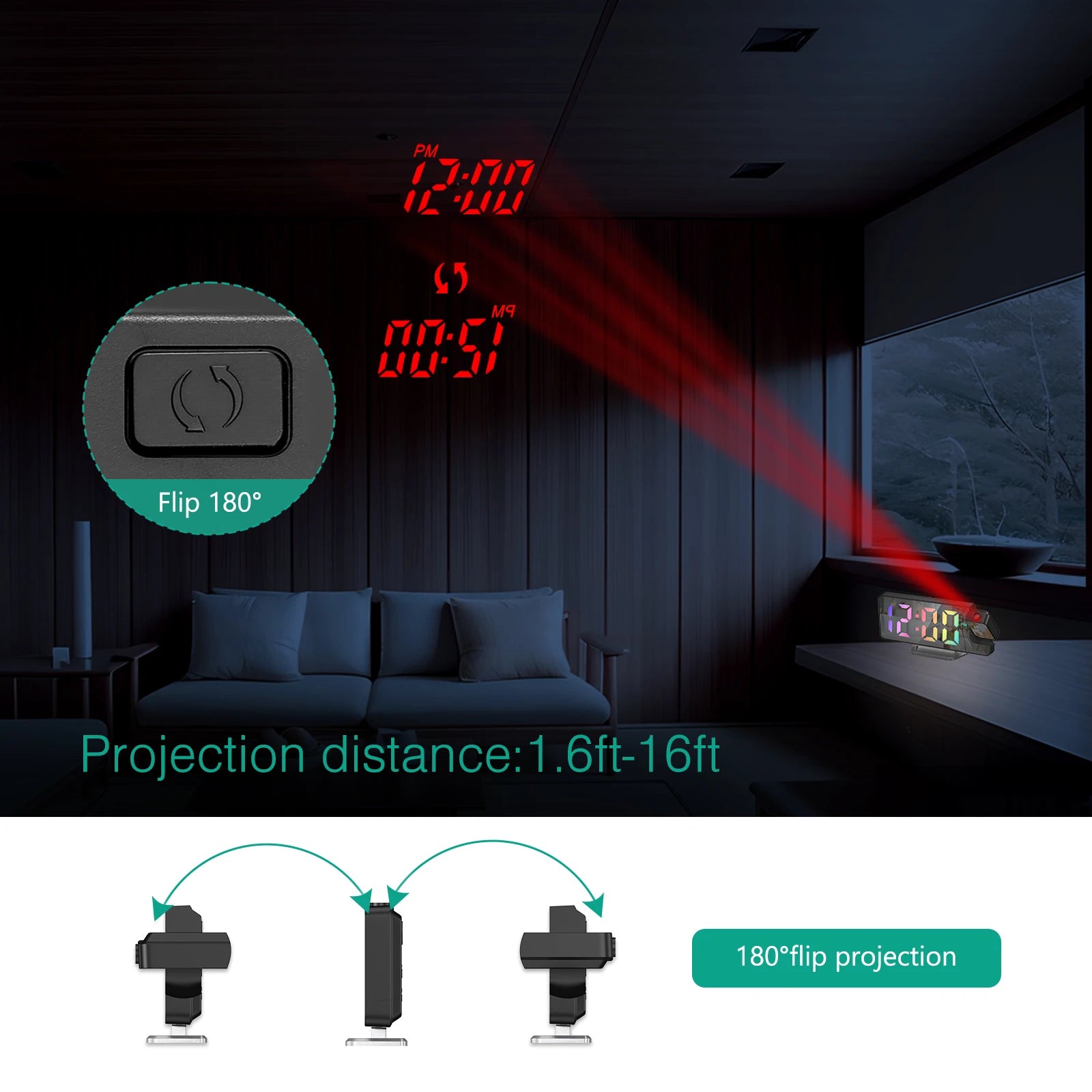 ORIA LED Projection Alarm Clock with Large 7.9" Screen, Date & Temperature Display