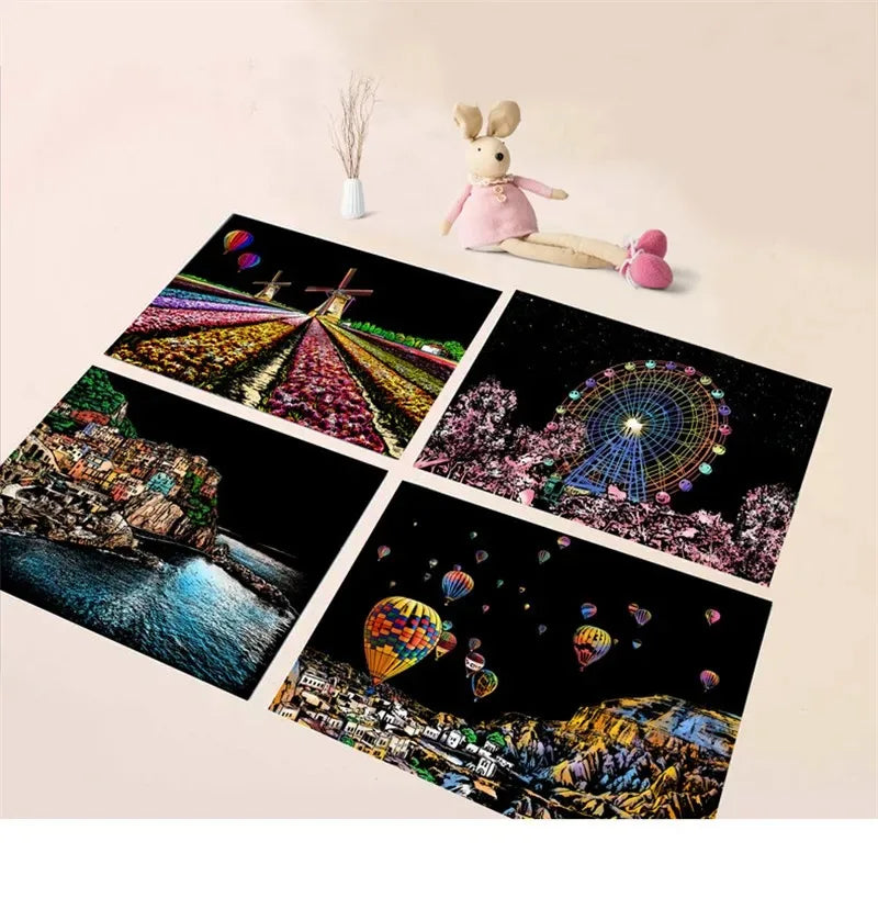 CowLost | product_id-4-piece-a4-diy-scratch-painting-set-landscapes-cities-animals |20