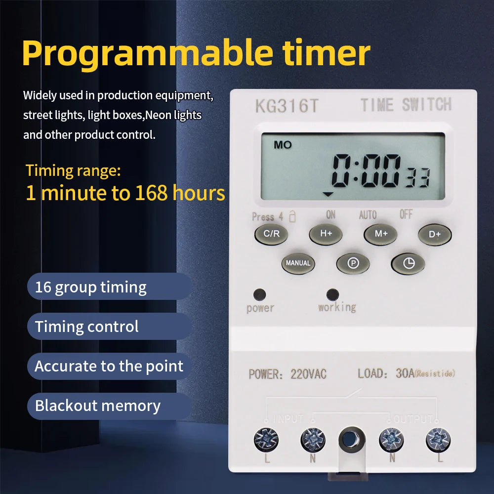 Digital 7-Day Programmable Timer Relay 220V 25/30A with Power Outage Memory