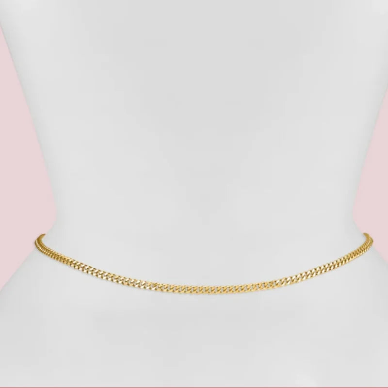Waterproof 14K Gold Plated Stainless Steel Layered Cuban Pearl Waist Chain Body Jewelry