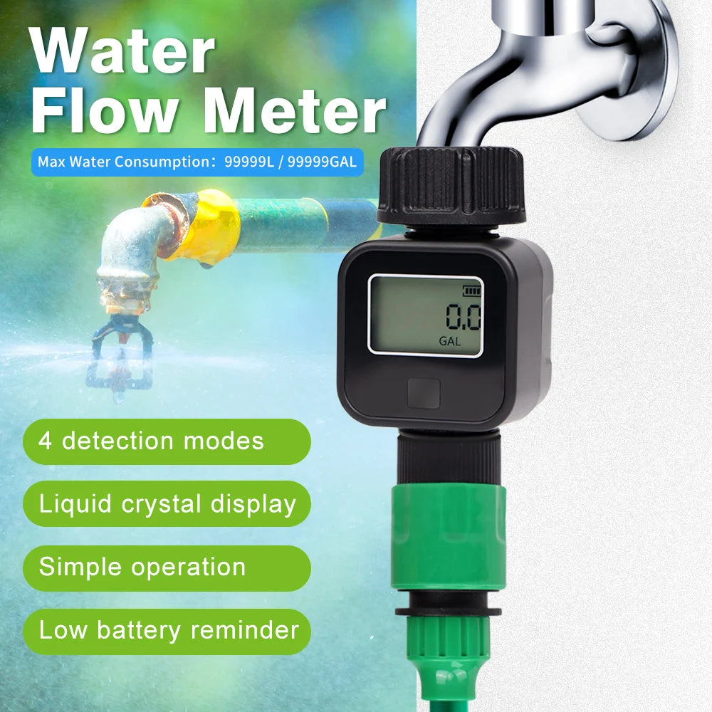Waterproof 3/4" LCD Water Flow Meter for Irrigation Faucet Hose Sprinkler Outdoor Use
