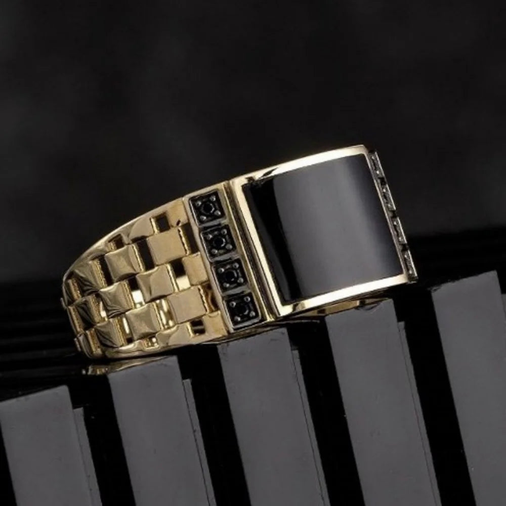 Gold Plated Stainless Steel Men's Black Diamond Drip Oil Ring, Sizes 7-13 Wholesale