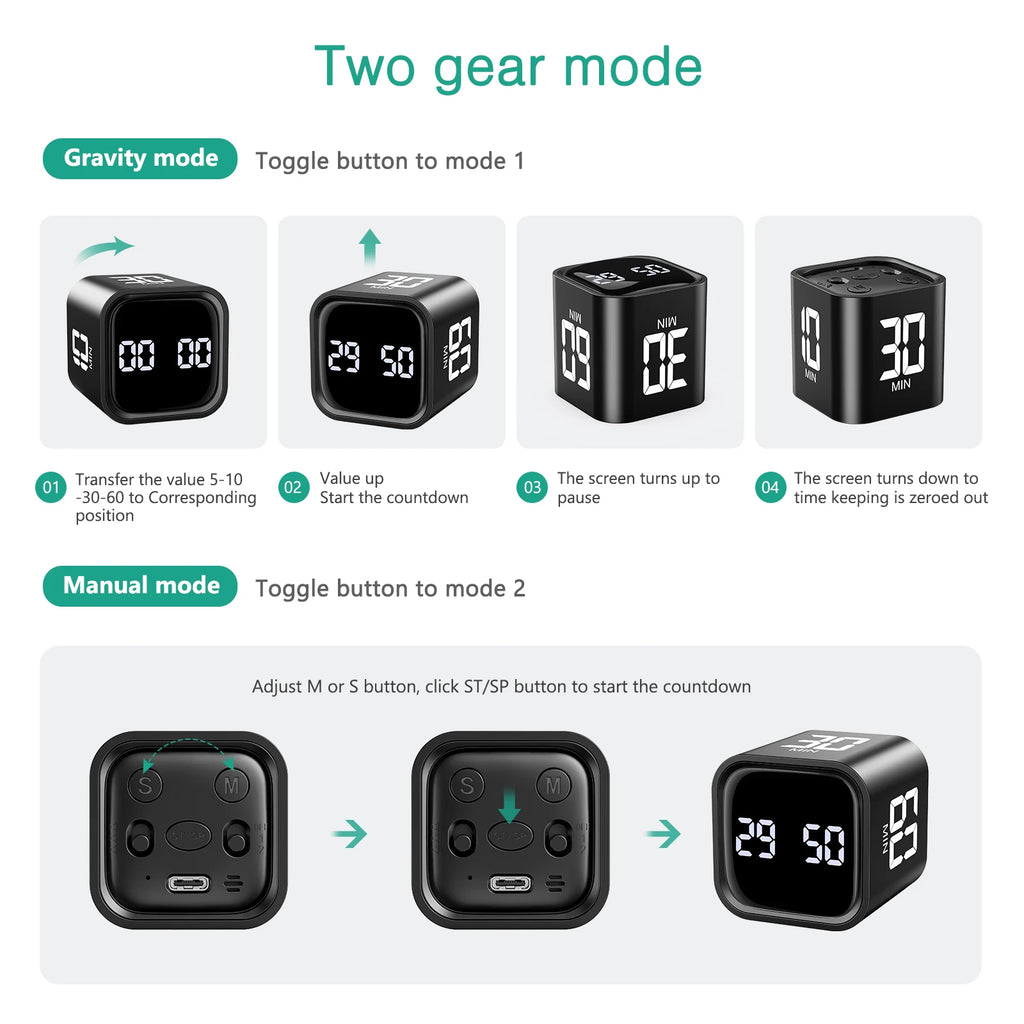 Cube Timer Custom Countdown Gravity Sensor for Tasks Work Study Kitchen