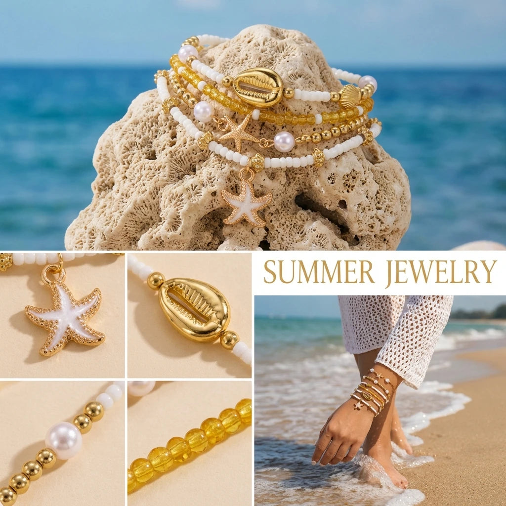 CowLost | 6-pcs-bohemian-shell-starfish-beaded-bracelet-set-for-women-fashion-multilayer-stacked-bracelets-summer-beach-party-jewelry-gift |7