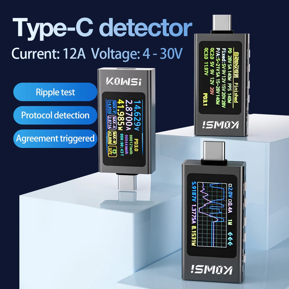 KWS-X1 Digital Type-C Voltmeter Ammeter 4V-30V 12A PD Power Current Voltage Monitor
