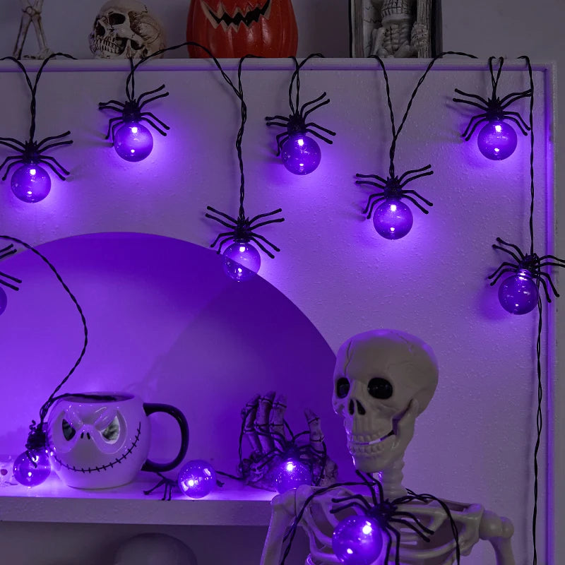Battery Powered Purple LED Spider String Lights for Halloween and Christmas Decor