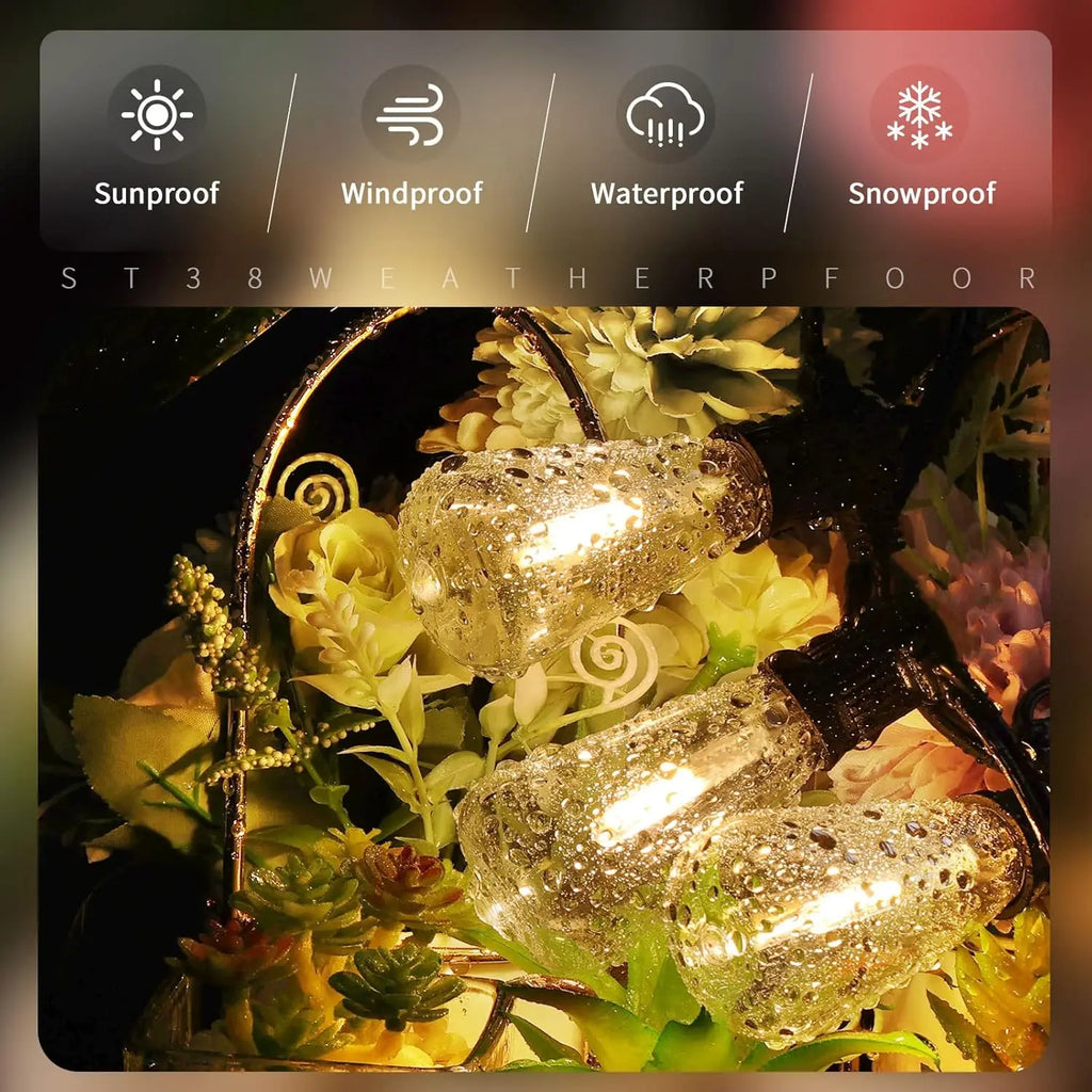 Solar String Lights 12M/9.5M Outdoor with Remote, IP65 Shatterproof ST38 LED Bulbs, 8 Modes for Garden Party
