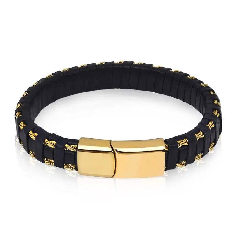 CowLost | jiayiqi-punk-new-leather-bracelet-black-braid-gold-color-stainless-steel-bangles-for-men |5
