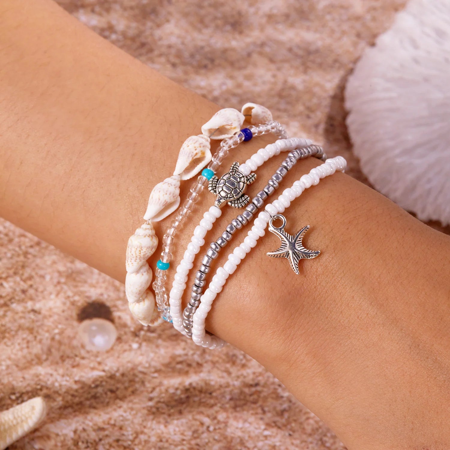 CowLost | 3-pcs-bohemian-starfish-shell-bracelet-for-women-girls-turtle-conch-rice-bead-chain-bangle-summer-beach-party-friendship-jewelry |1