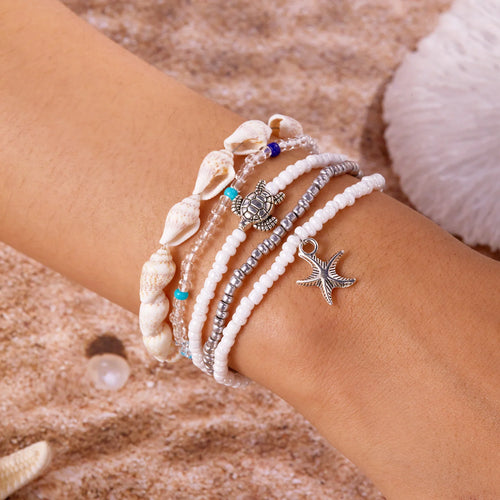 CowLost | 3-pcs-bohemian-starfish-shell-bracelet-for-women-girls-turtle-conch-rice-bead-chain-bangle-summer-beach-party-friendship-jewelry |1