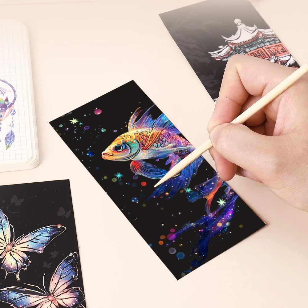 CowLost | 12-pcs-set-diy-scratch-painting-animal-bookmarks-colorful-for-kids-portable-creative-doodle-art-toy-handmade-night-scene-art |3