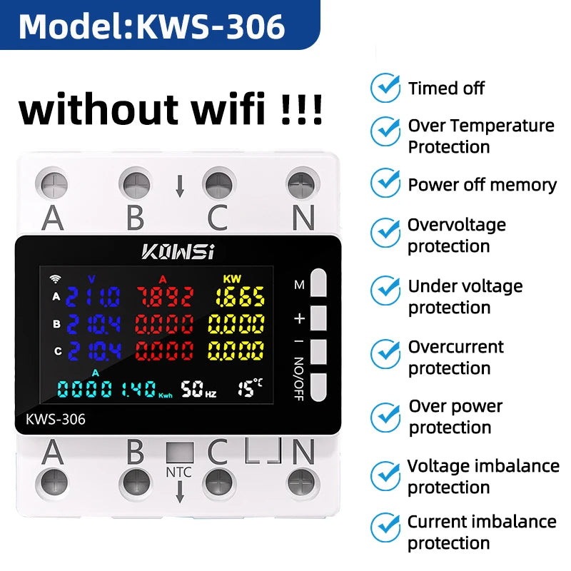 KWS-306WF Tuya WiFi 3-Phase 4-Wire Power Meter Energy Tester with Color LCD and Voltage Protection Relay Switch