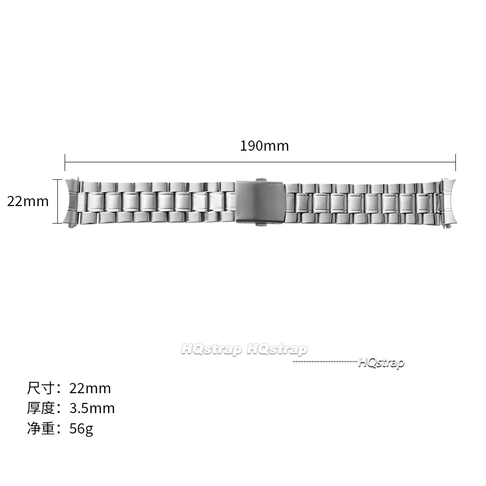 Curved End Stainless Steel Watch Strap 20mm 22mm Folding Buckle for Seiko Replacement Band