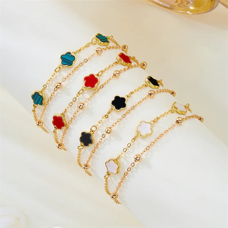 CowLost | new-5-leaf-flower-anklet-for-women-double-layer-lucky-flowers-metal-chain-bracelet-on-the-leg-beach-barefoot-sandal-jewelry |2