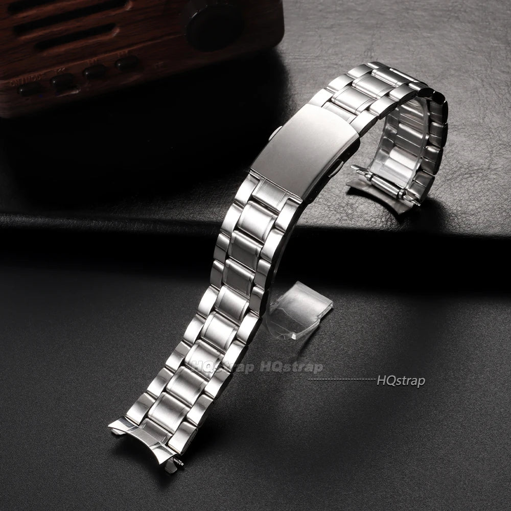 Curved End Stainless Steel Watch Strap 20mm 22mm Folding Buckle for Seiko Replacement Band