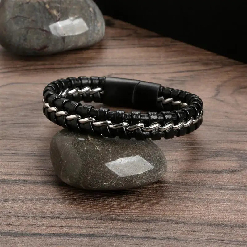 CowLost | jiayiqi-punk-men-jewelry-black-braided-leather-bracelet-stainless-steel-magnetic-clasp |23