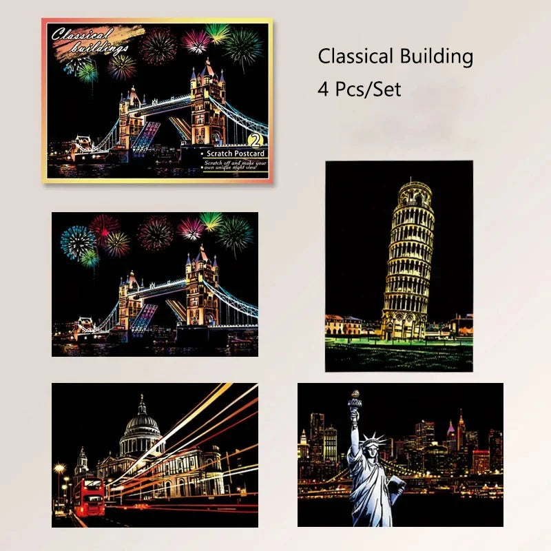 CowLost | product_id-4pcs-a5-diy-scratch-painting-set-cherry-blossoms-classical-buildings-landscapes-animals |25