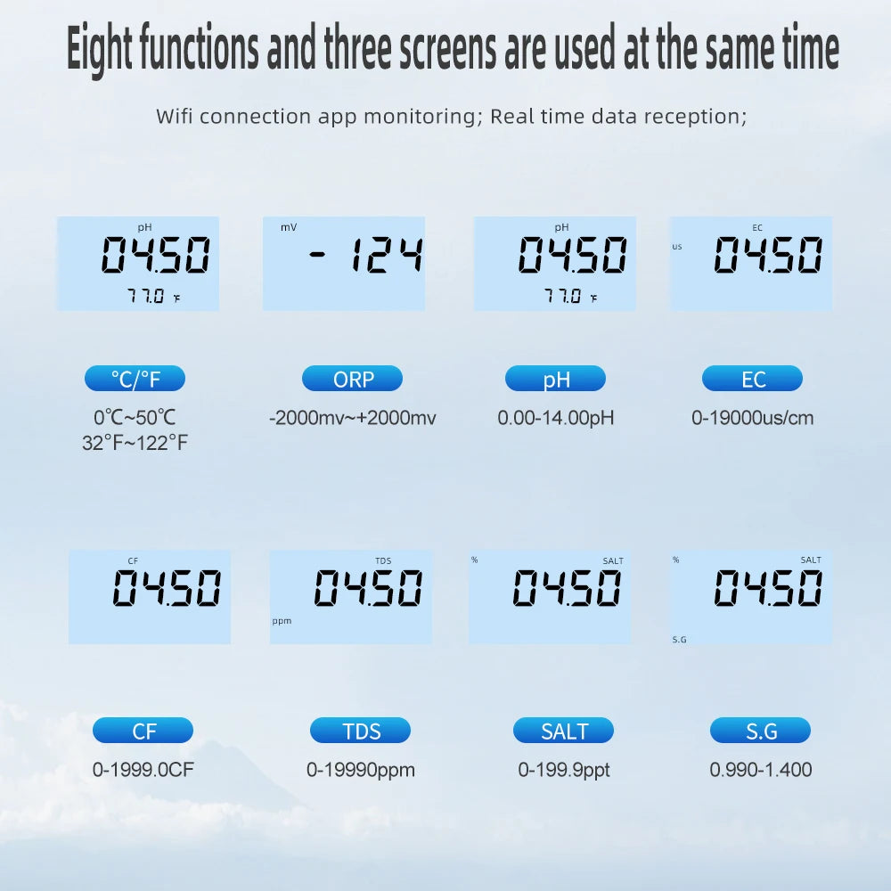 Tuya WiFi 8-in-1 Water Quality Tester pH/EC/TDS/Salt/S.G/ORP/CF/Temp Meter pH-W218 for Aquarium