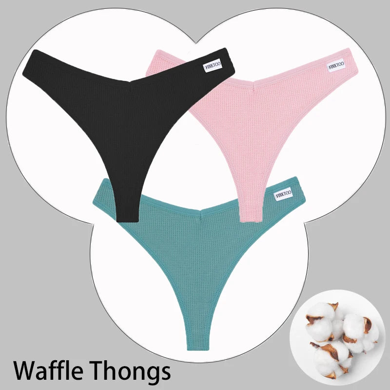 CowLost | activewear-pants-3pcs-cotton-waffle-women-s-sexy-thong-panties-set |56