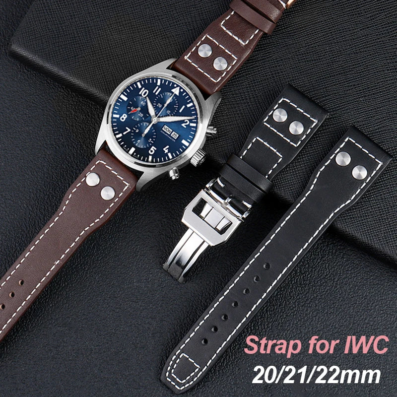 CowLost | bracelets-product_id-iwc-pilot-genuine-leather-watchband-20-21-22mm-cowhide-steel-folding-buckle-wristband |3