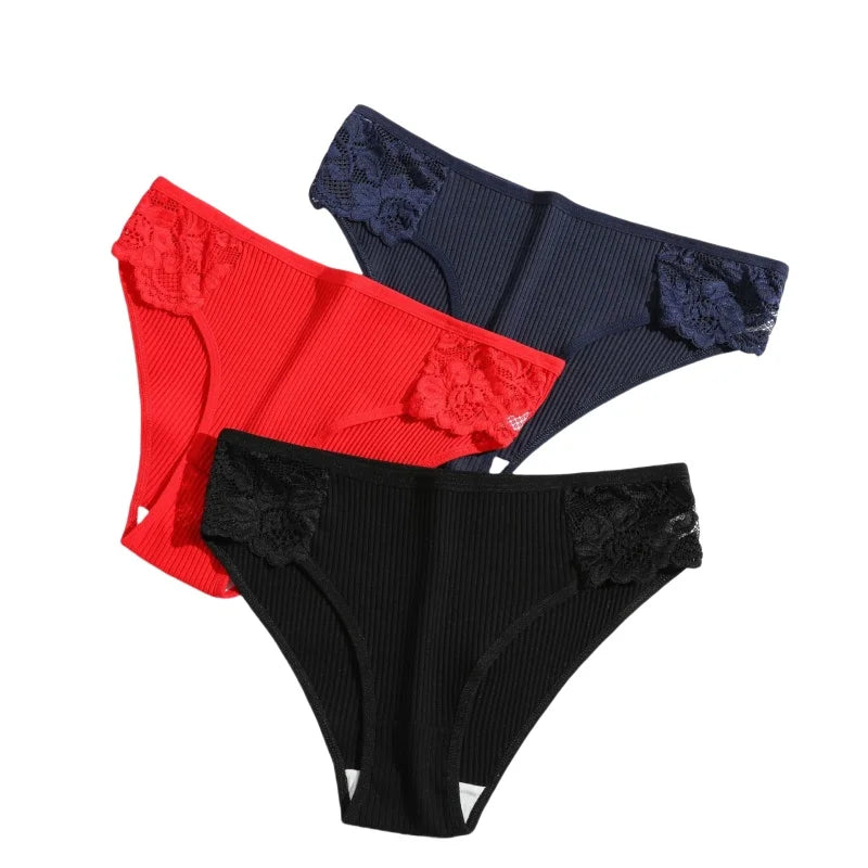 CowLost | product_id-3pcs-womens-cotton-lace-trim-low-rise-breathable-briefs-solid-panties |3
