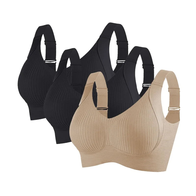 CowLost | product_id-3pcs-womens-plus-size-seamless-v-neck-push-up-wire-free-ribbed-bralette-m-4xl |14