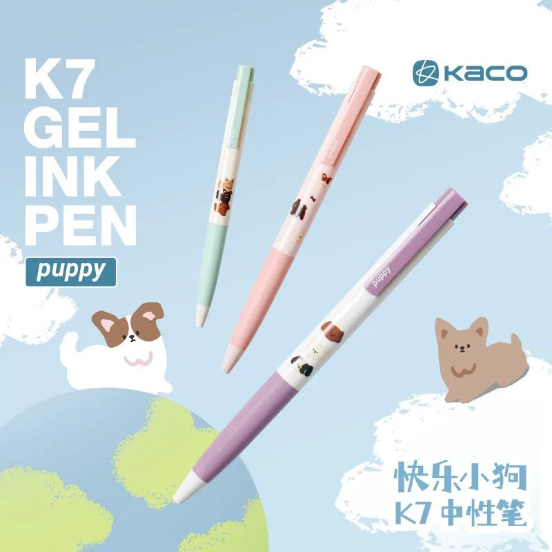 CowLost | product_id-kaco-cute-happy-puppy-gel-pen-set-3pcs-k7-push-0-5mm-black-ink-quick-drying-gel-ink-pen-papeleria-for-girls |2