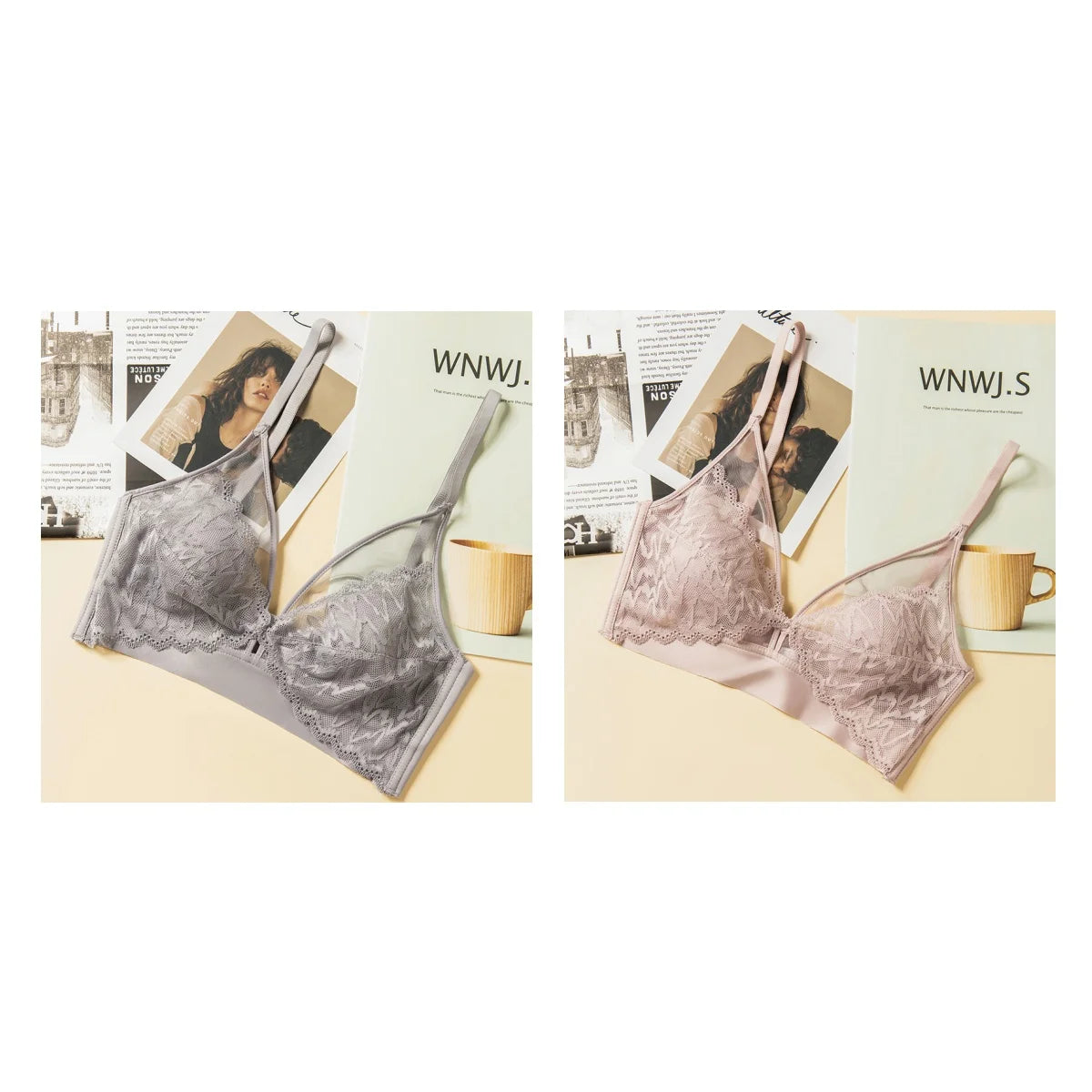 CowLost | product_id-2pcs-wireless-lace-push-up-v-neck-seamless-3-4-cup-bralette-set-for-women |16