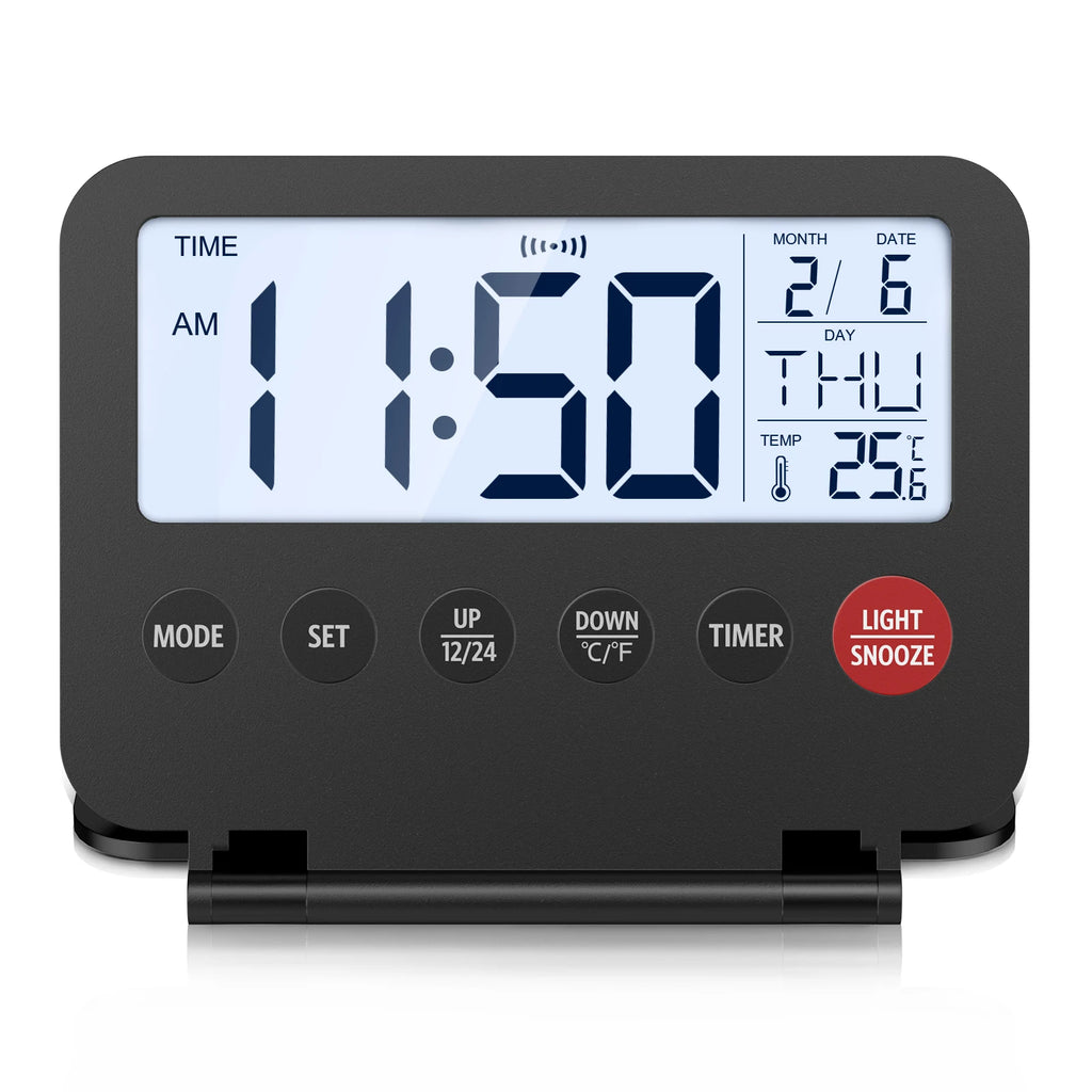 ORIA Digital Foldable LCD Alarm Clock with Calendar, Temperature, Timer – Battery Operated for Travel, Home, Office