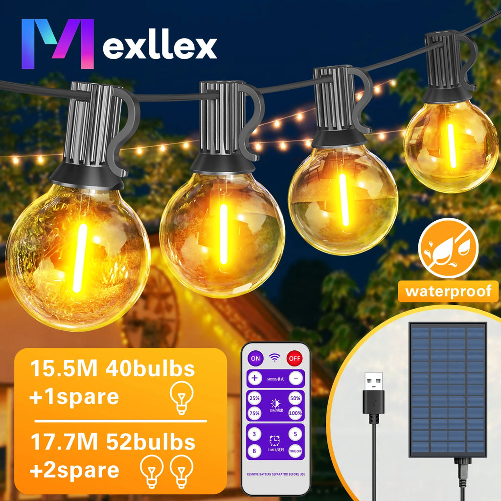 G40 Solar Globe String Lights Outdoor, 8 Modes, USB Charge, Remote, Waterproof for Balcony Wedding