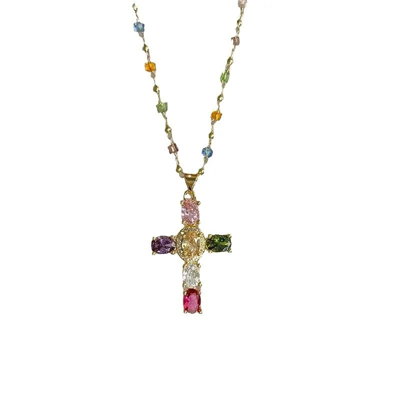 Colorful Zircon Cross Pendant Necklace Stainless Steel Religious Jewelry Gift