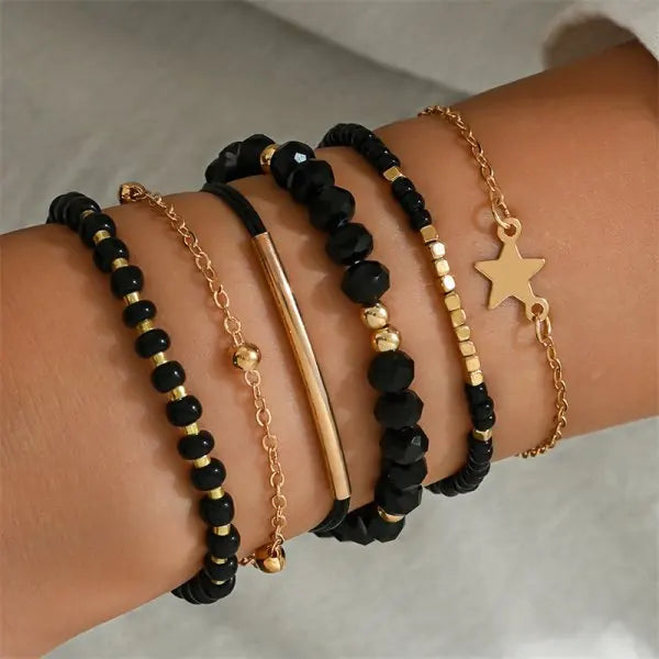 CowLost | 4pcs-set-bohemia-shell-bracelets-for-women-ethnic-style-colorful-zircon-rice-beads-metal-chain-bangles-girl-summer-beach-jewelry |12