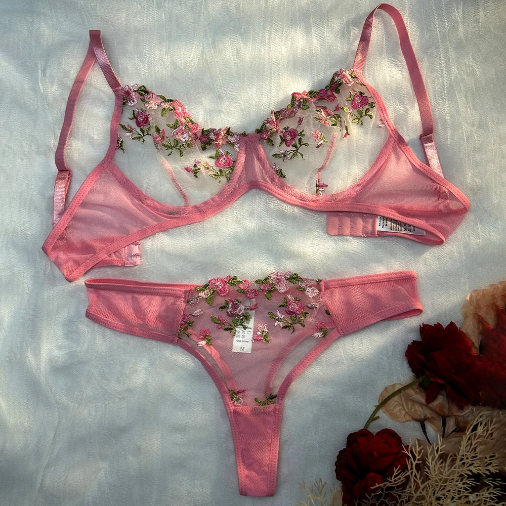 CowLost | pink-sexy-lingerie-woman-lace-transparent-underwear-fairy-embroidery-brief-sets |1