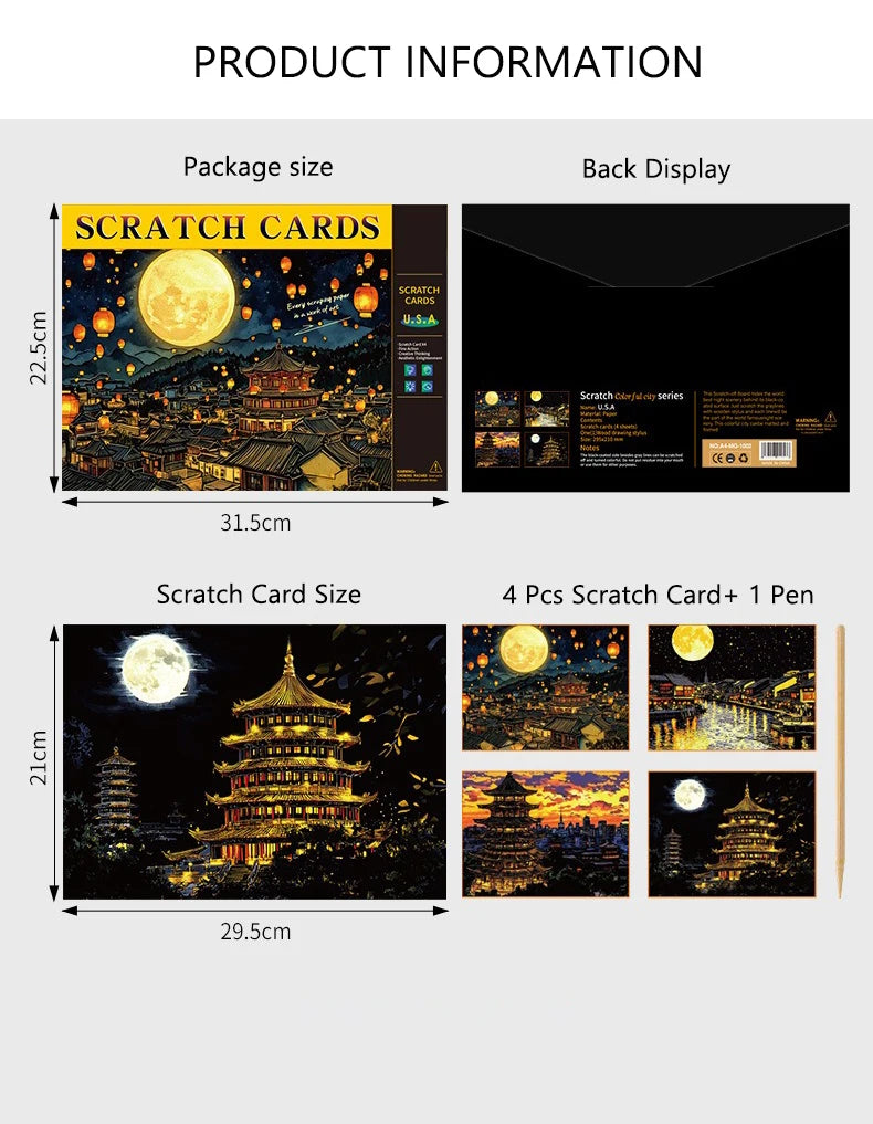 CowLost | product_id-4-pcs-a4-diy-scratch-painting-set-urban-landscapes-character-illustrations |10