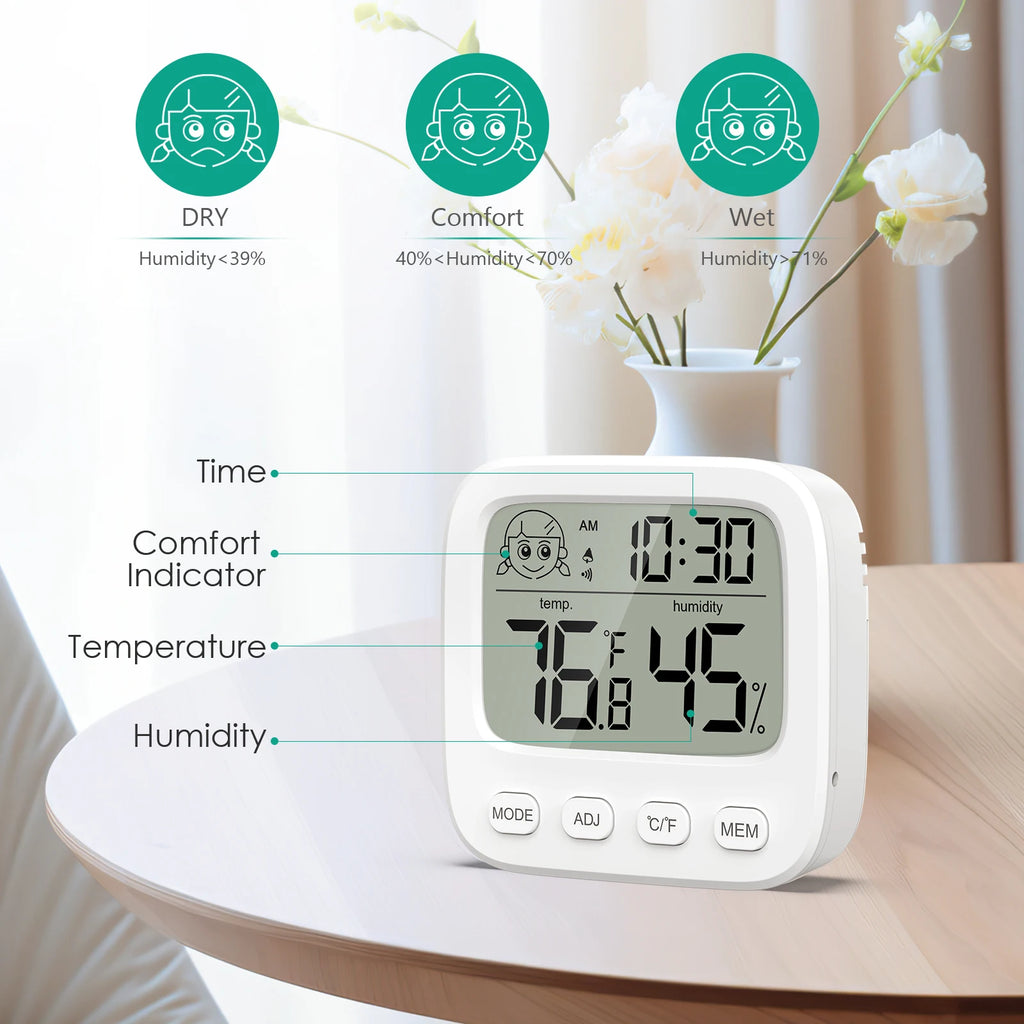 Digital Indoor Hygrometer Thermometer with Backlight Clock and Humidity Gauge for Home Office Travel