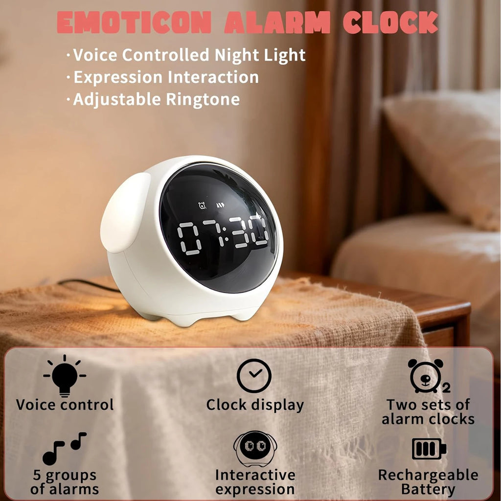 Cute Kids Digital Alarm Clock with Sound-Activated Night Light, Dual Alarms, Snooze, Rechargeable