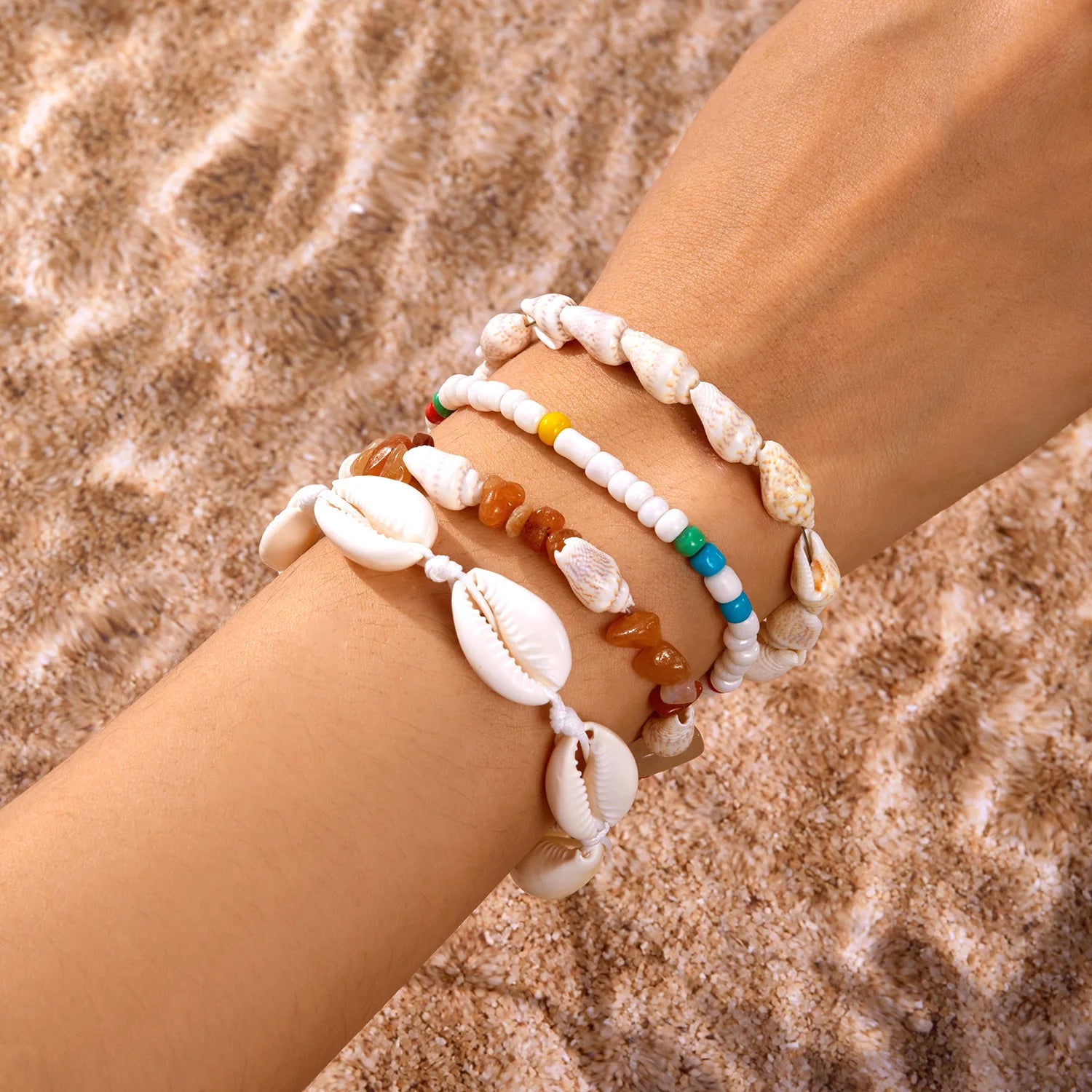 CowLost | 3-pcs-bohemian-starfish-shell-bracelet-for-women-girls-turtle-conch-rice-bead-chain-bangle-summer-beach-party-friendship-jewelry |8