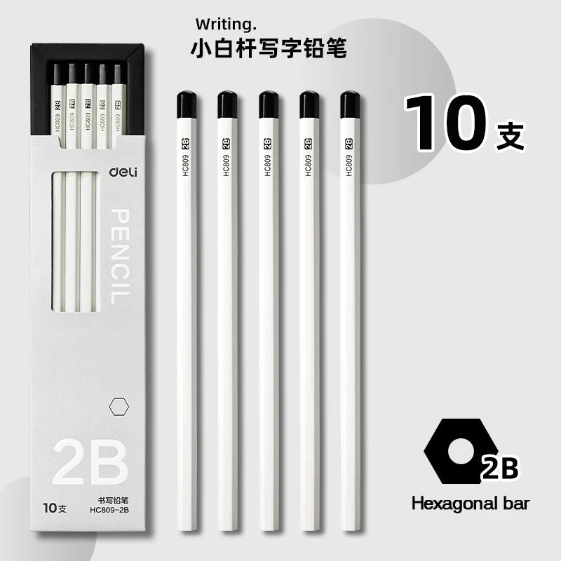 CowLost | product_id-deli-10pcs-white-wood-hexagonal-hb-2b-pencils-set-for-writing-and-painting |9