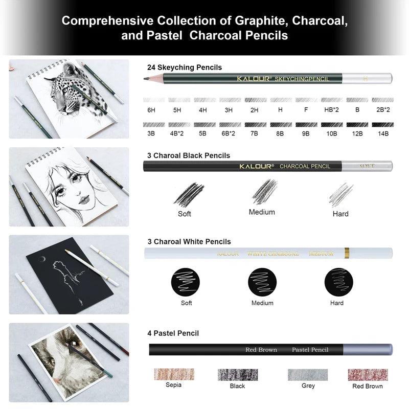 CowLost | product_id-kalour-108pcs-professional-sketching-pencil-set-with-charcoal-sticks-blending-tools-erasers |4