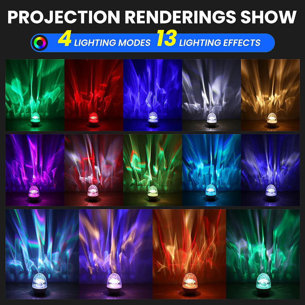 Aurora & Ocean Wave Projector Lamp with Remote, Music Speaker, RGB Effects, Rechargeable Night Light Gift