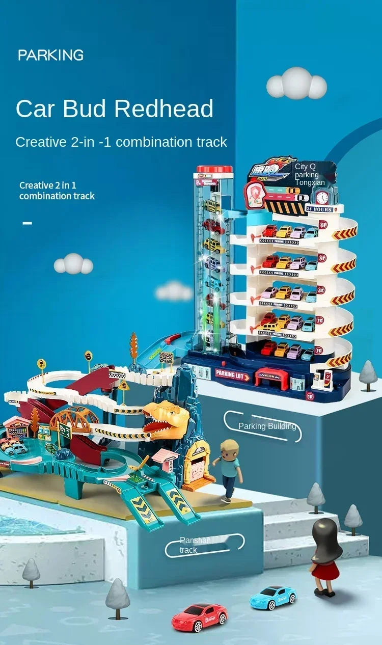 Electric Rail Car Dinosaur Building Parking Lot Adventure Racing Toy for Children